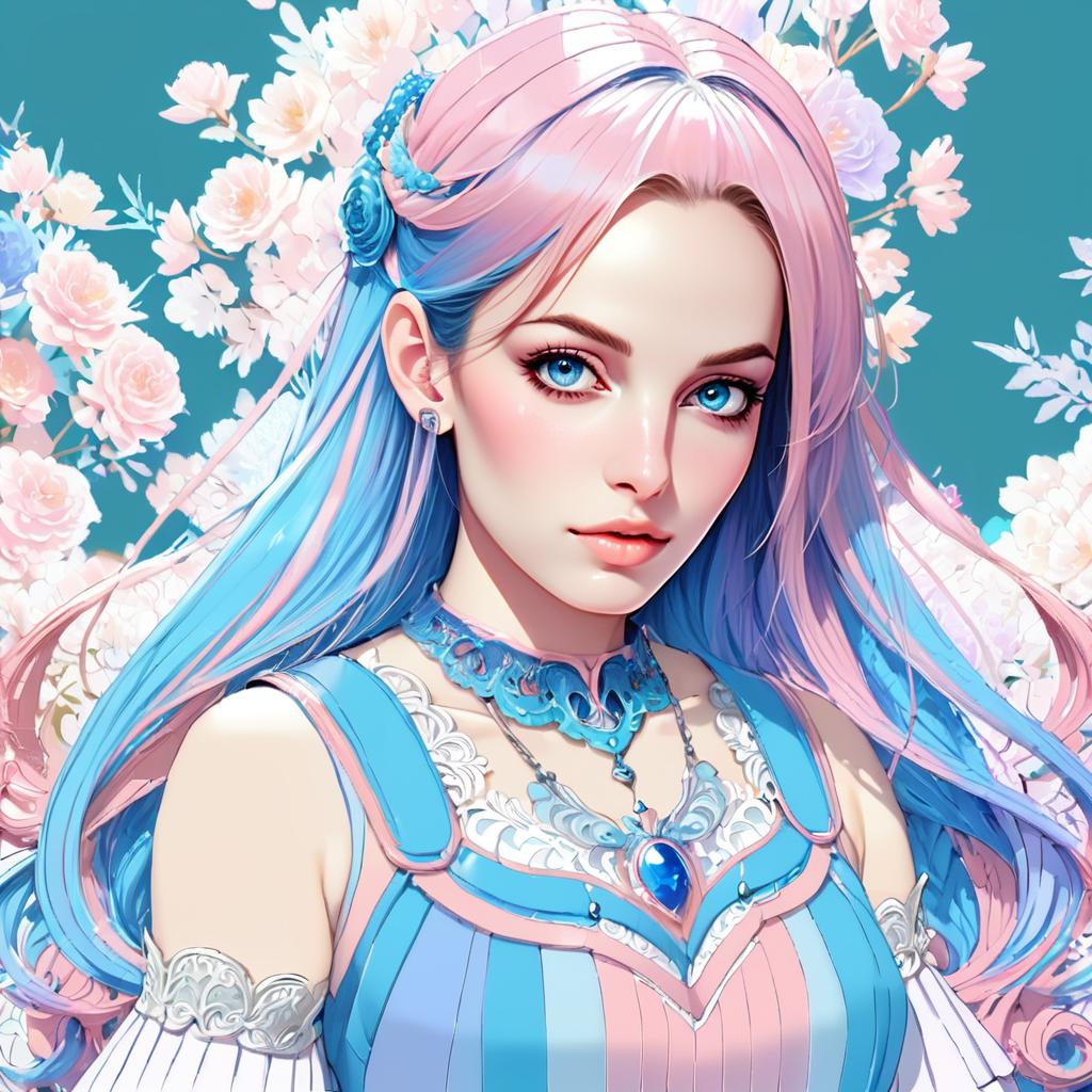 Anime Woman with Pink and Blue Hair in Flower Background