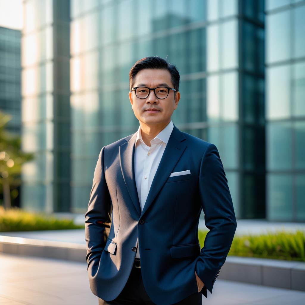 Confident businessman in front of modern glass building