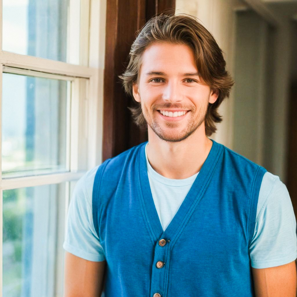 Young man smiling indoors by window Young man smiling indoors by window