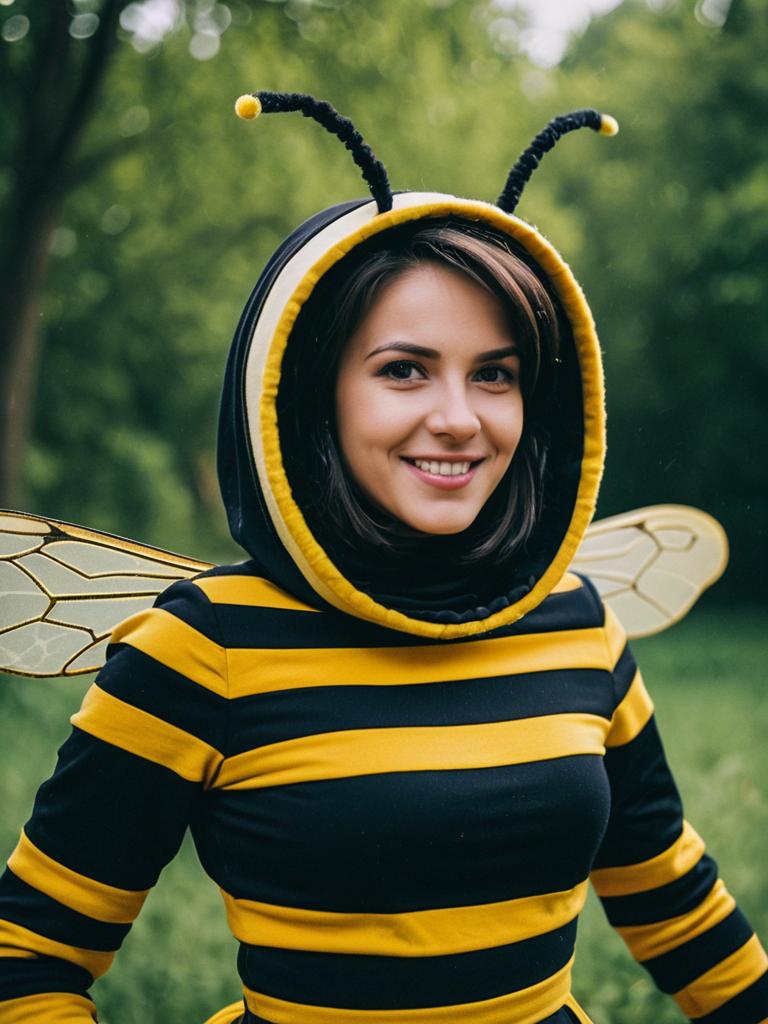 Photorealistic Woman in Playful Bee Dance Costume Cosplay Portrait