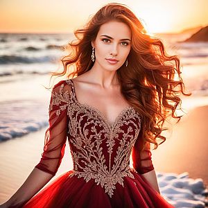 Stunning Woman in Burgundy Dress at Sunset Beach