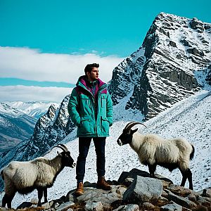 Young Man in Sage Green Jacket on Snowy Mountain with Goats