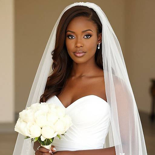 Elegant Bride in White Wedding Dress Holding White Rose Bouquet