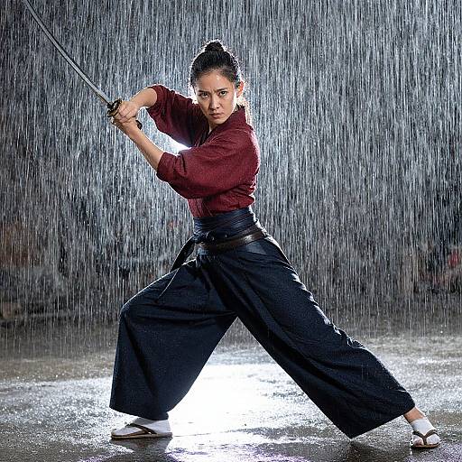 Woman Practicing Kenjutsu with Katana Sword in Rain in Traditional Japanese Attire