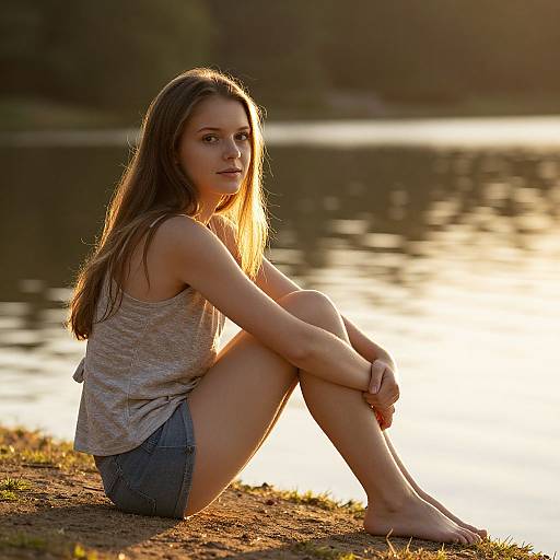 Young Woman Sitting by Lake at Sunset in Casual Summer Outfit