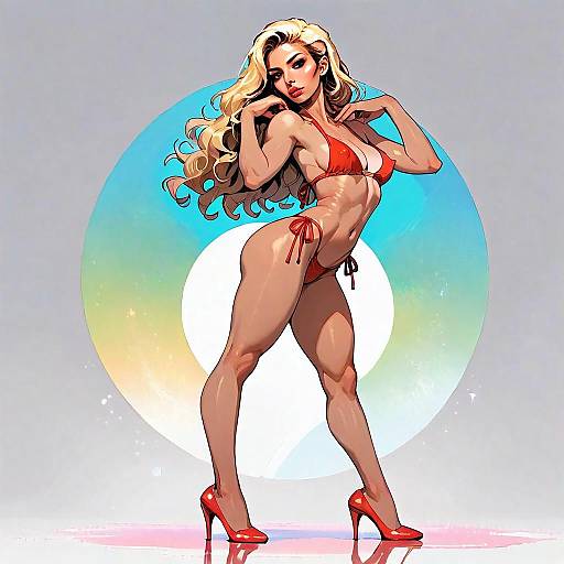 Stylized Digital Illustration of Woman in Red Bikini and Heels