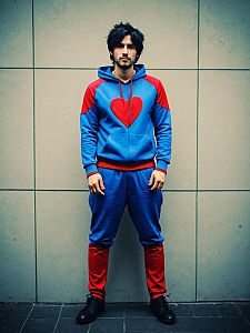 Man in Blue and Red Heart Costume
