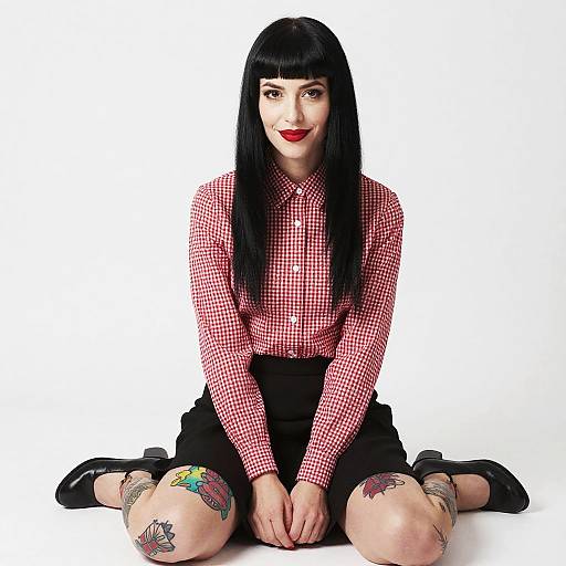 Stylish Woman with Tattoos and Checkered Shirt Sitting on Floor