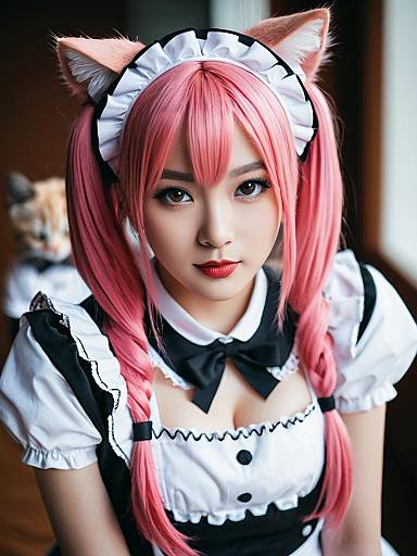 Realistic Cosplay Portrait of Woman in Pink Hair Maid Outfit with Cat Ears
