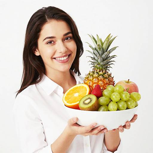 Smiling Woman Holding Bowl of Fresh Mixed Fruits with Pineapple and Grapes
