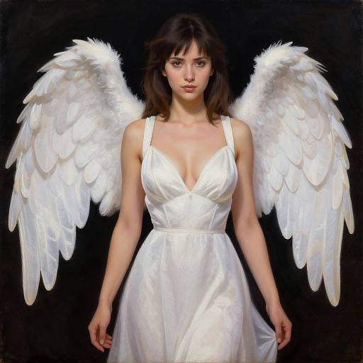 Angel Woman in White Dress with Large Wings Painting Style