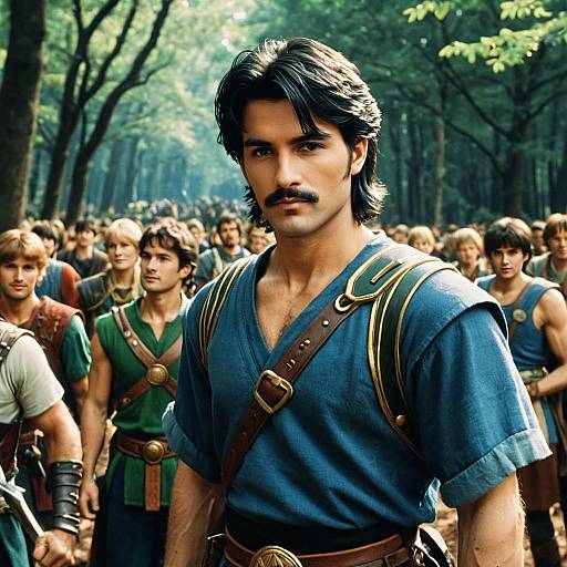 Heroic Young Man Leading Medieval Group in Forest