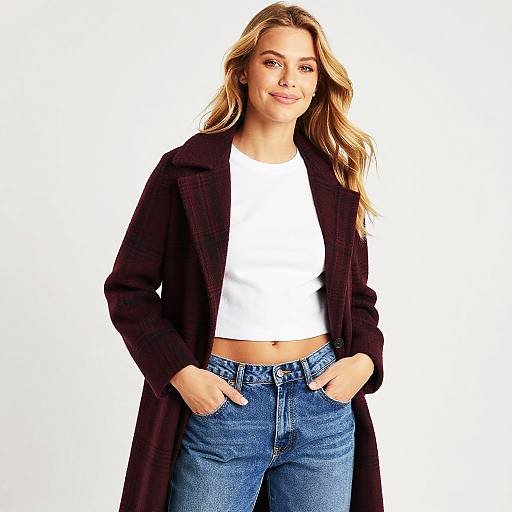 Woman Wearing Burgundy Plaid Coat with White Crop Top and Blue Jeans