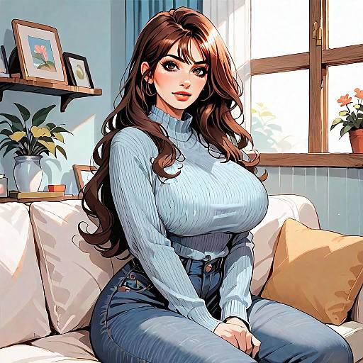 Anime Style Woman Sitting on Sofa in Cozy Sunlit Room Wearing Blue Sweater and Jeans