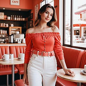 Young Woman in Coral Outfit Standing in Cozy Modern Cafe Interior