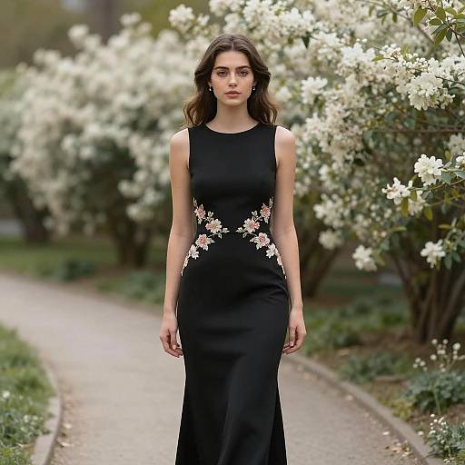 Elegant Woman in Black Floral Embroidered Dress in Blooming Garden