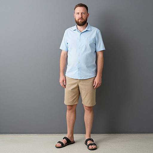 Casual Man in Light Blue Shirt and Beige Shorts Standing Against Gray Wall