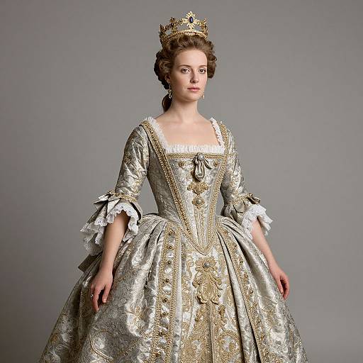 18th Century Woman in Ornate Silver and Gold Embroidered Gown with Crown