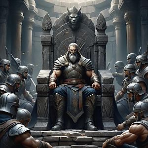 Bearded Man on Throne Surrounded by Warriors