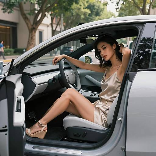 Stylish Woman Sitting in Modern Car Interior in Urban Setting