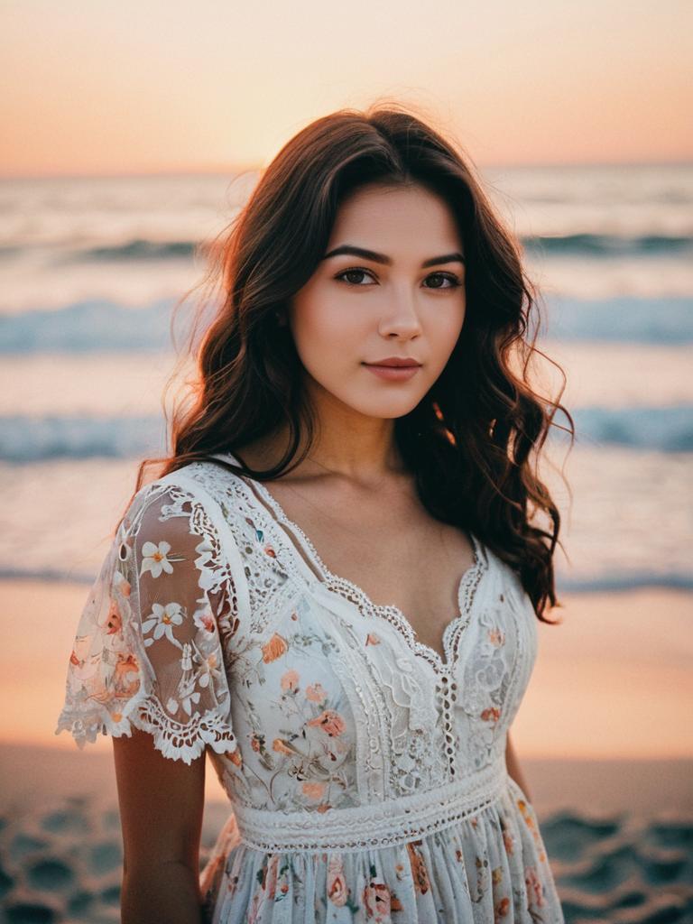 Young Woman in White Floral Lace Dress on Beach at Sunset