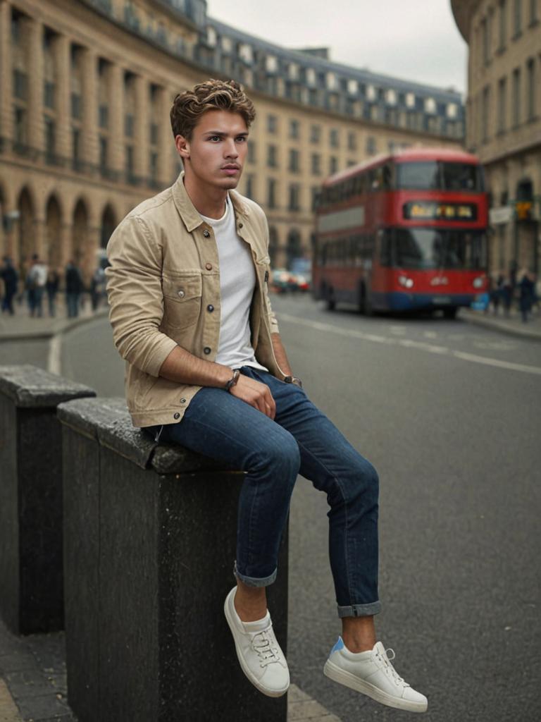 Stylish young man on city street with red double-decker bus