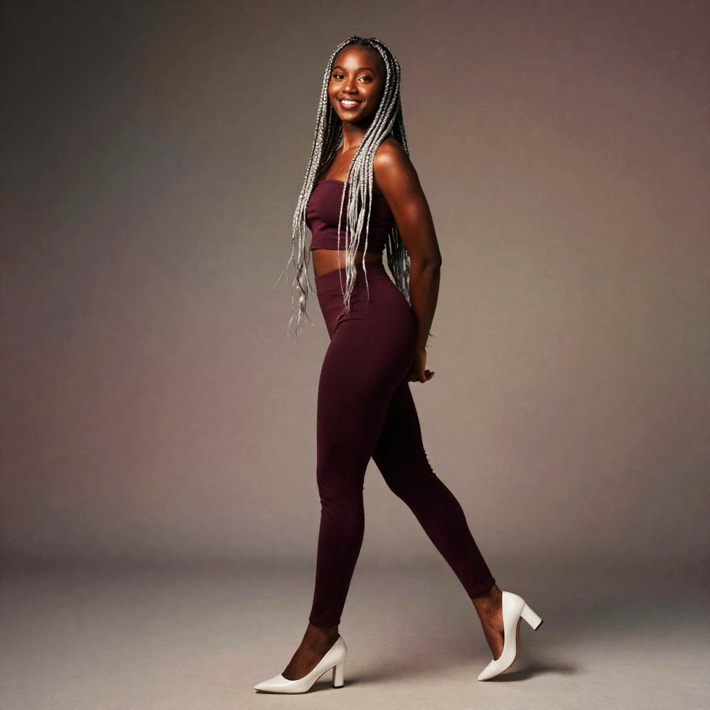 Confident Woman in Maroon Outfit with Silver Braids Walking