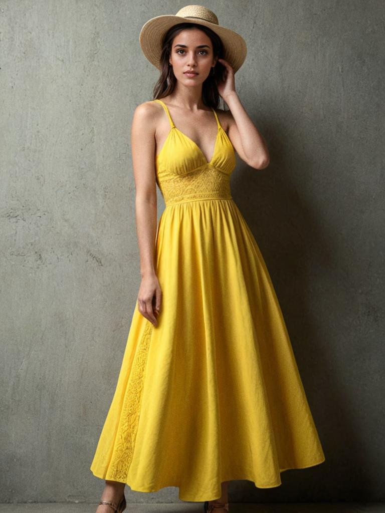 Woman in Sunny Yellow Dress Against Gray Background