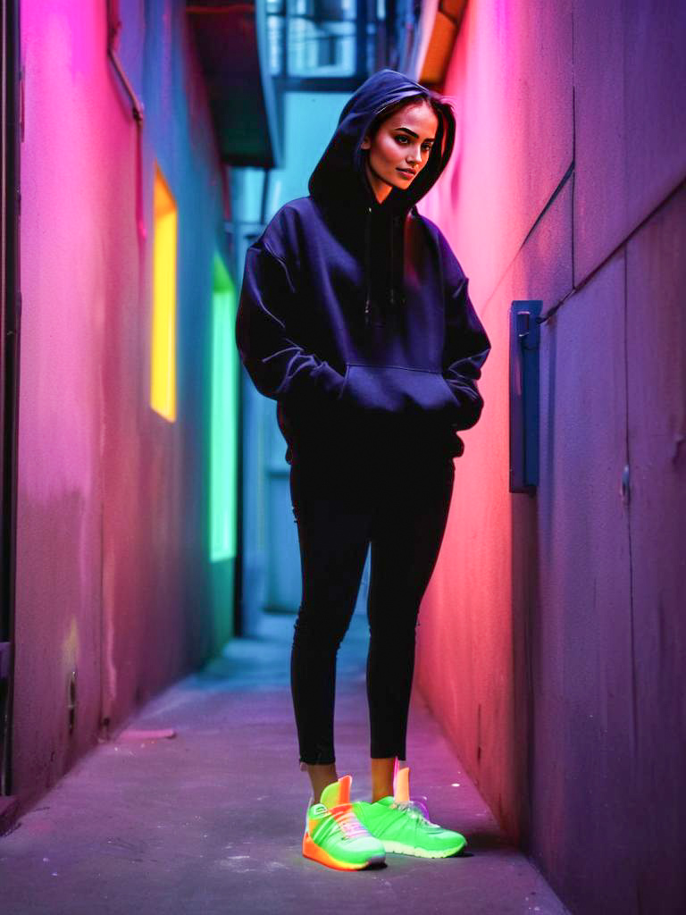 Stylish Young Woman in Neon Alley