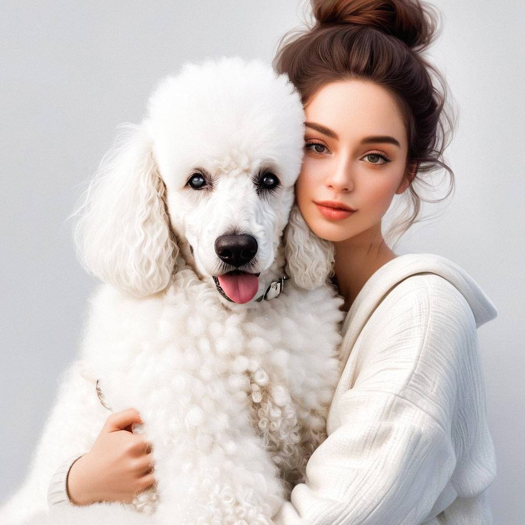 Young Woman Embracing Fluffy White Poodle Young Woman Embracing Fluffy White Poodle