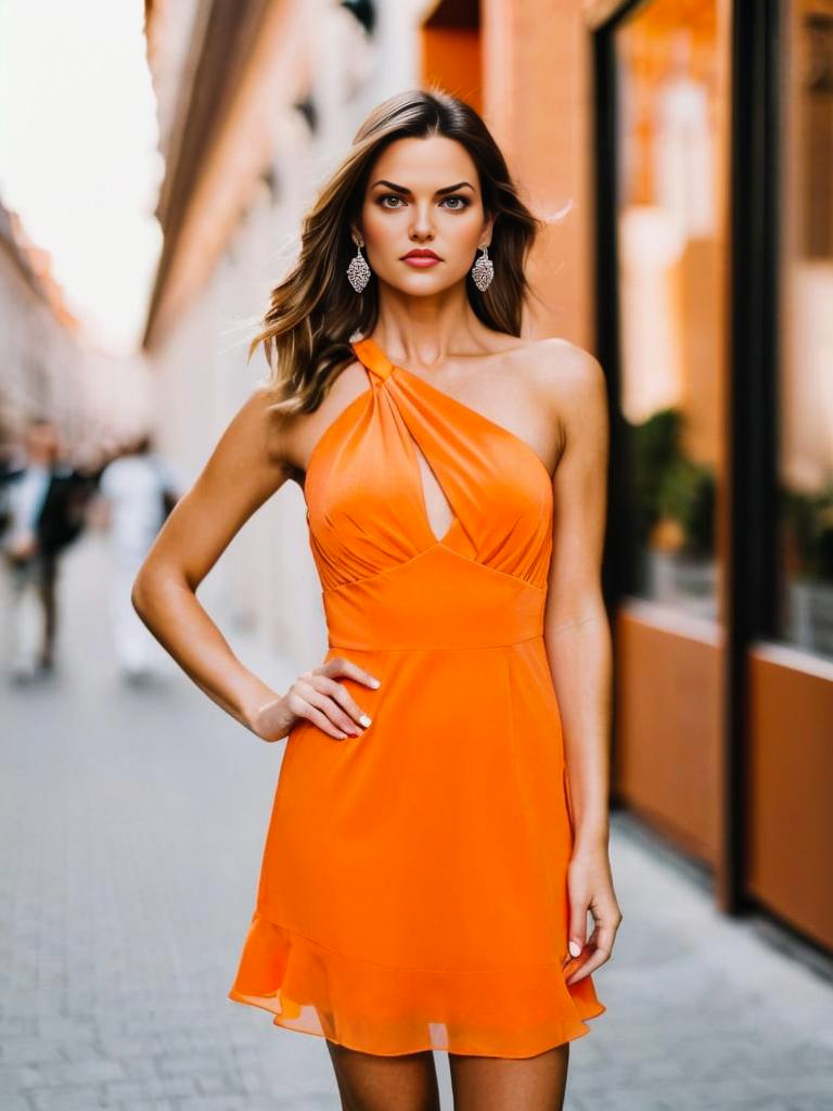 Woman in Orange Dress on City Street