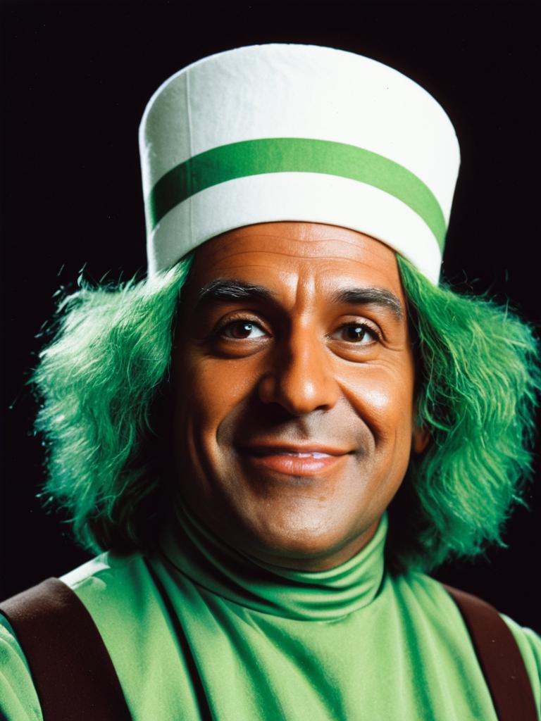 Man in Oompa Loompa Costume with Green Hair and Hat Close-Up