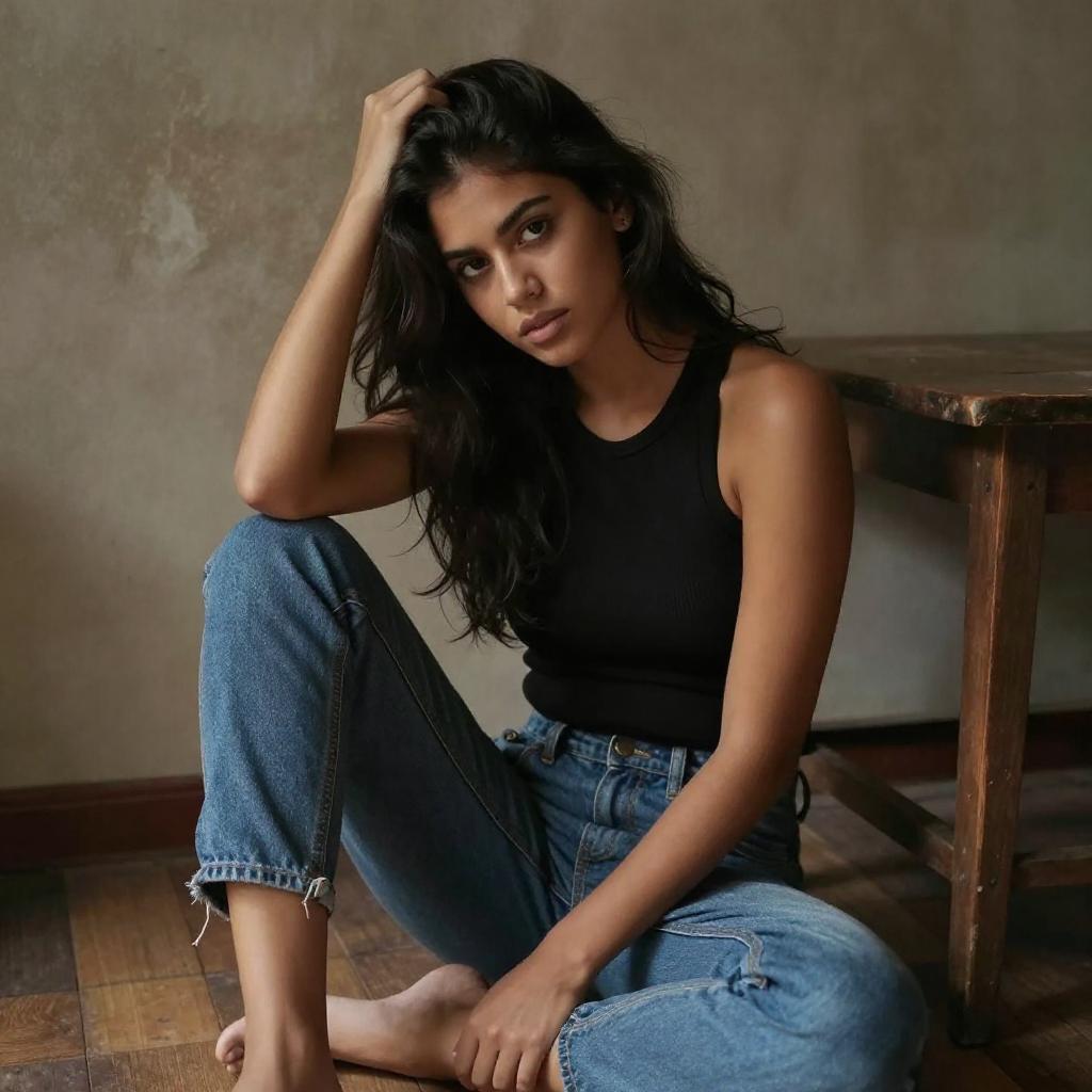Casual Portrait of Young Woman in Black Tank Top and Blue Jeans Sitting Indoors