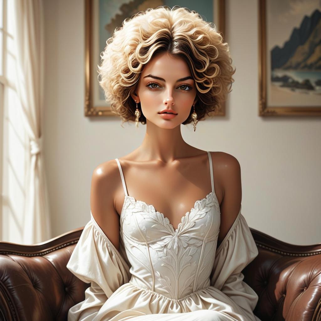 Elegant Woman on Leather Sofa