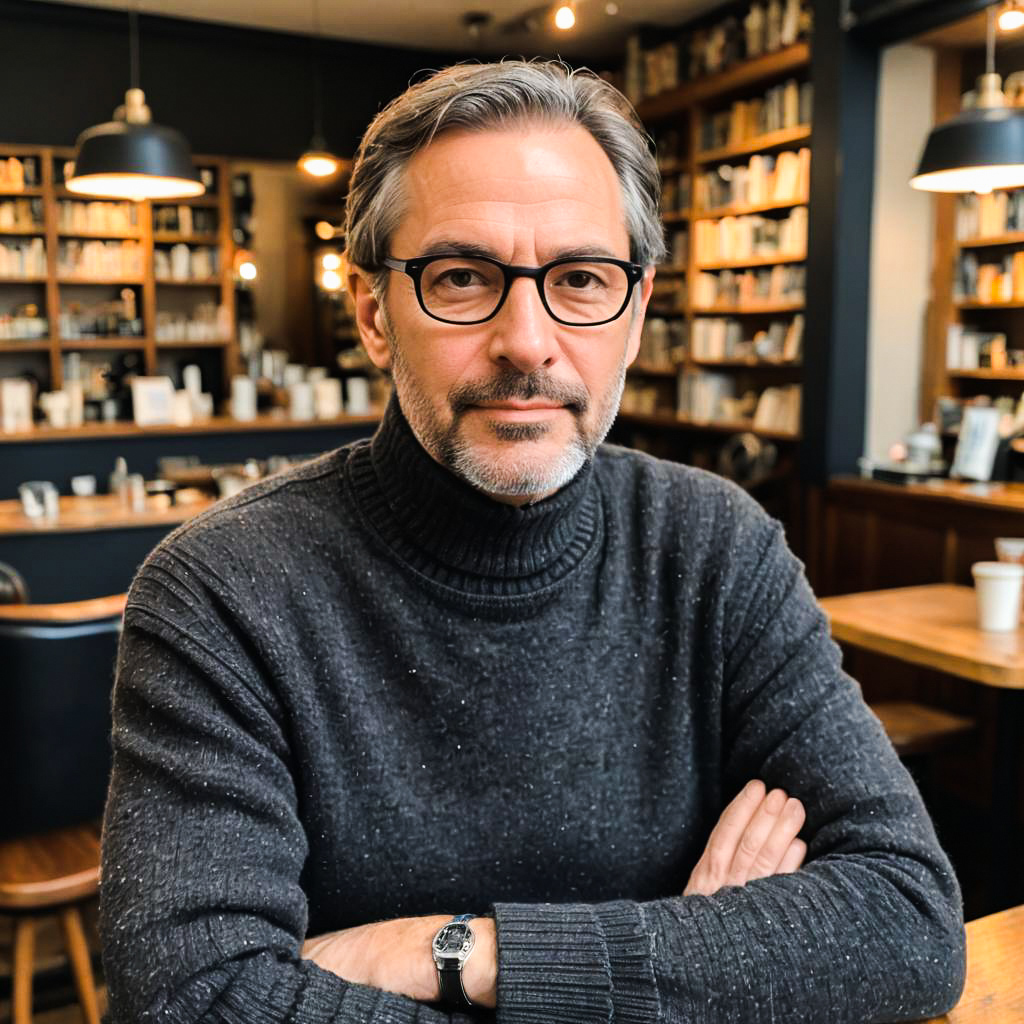 Confident Man in Cozy Café with Turtleneck