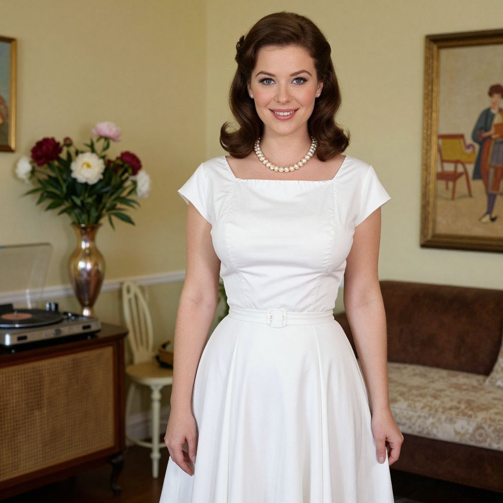 1950s Style Woman in Elegant White Dress with Pearl Necklace Indoors