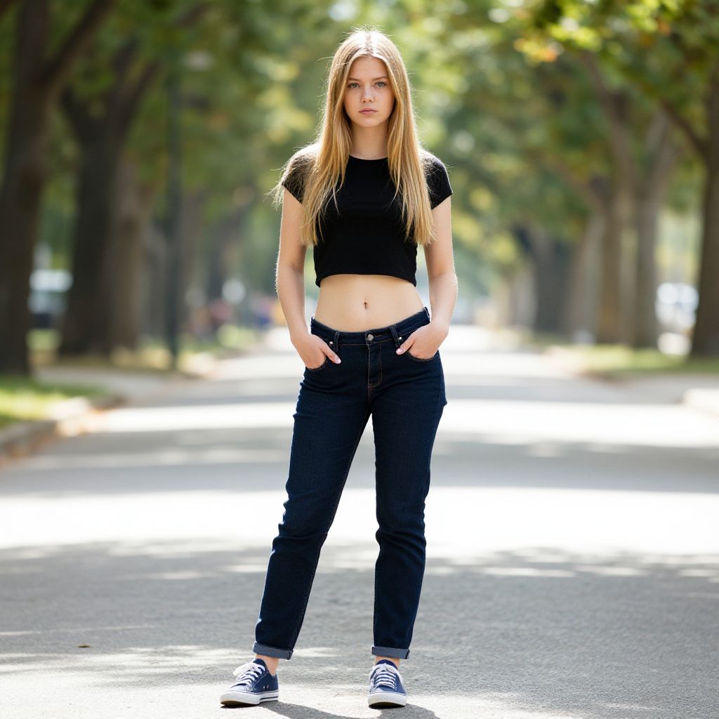 Young Woman Casual Fashion Street Portrait in Black Crop Top and Jeans