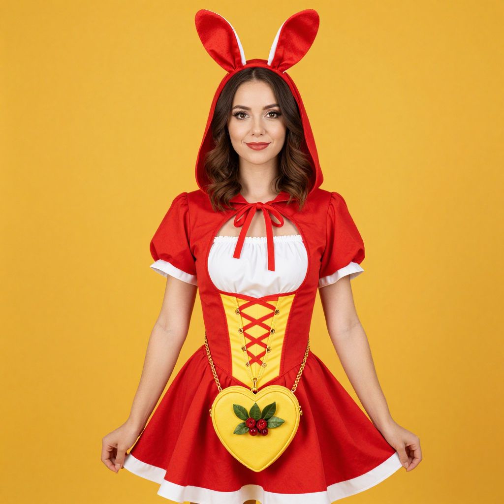 Woman in Red Bunny Ear Costume with Heart Shaped Purse on Yellow Background