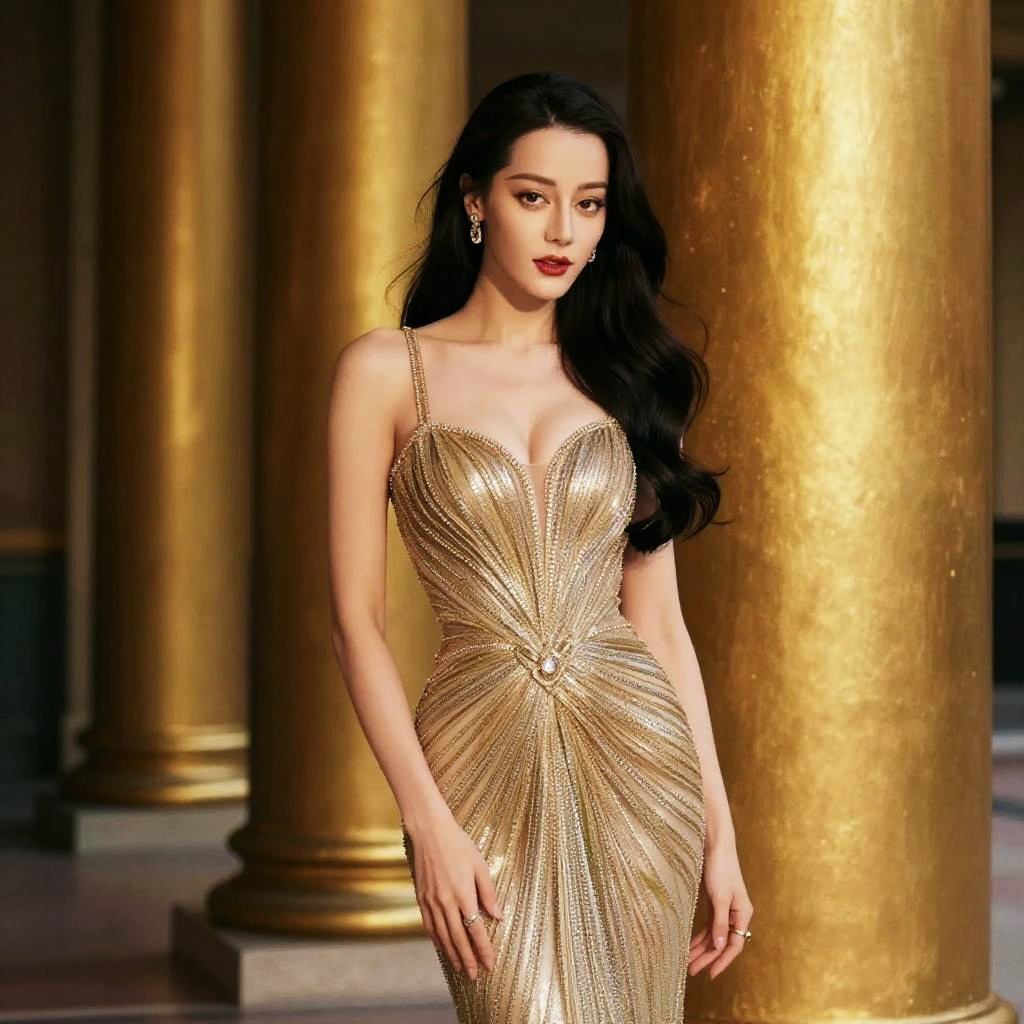 Glamorous Woman in Gold Evening Gown Fashion Portrait