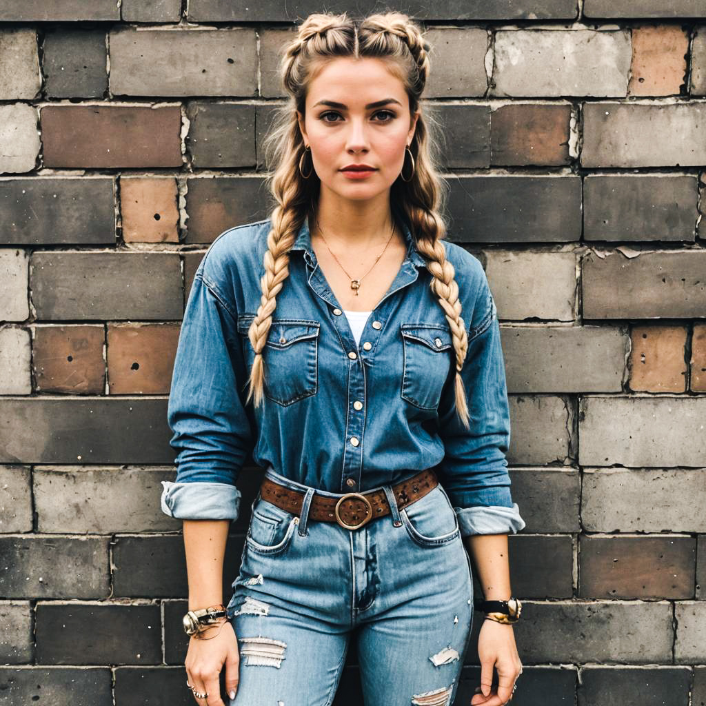 Stylish Woman in Denim Against Brick Wall