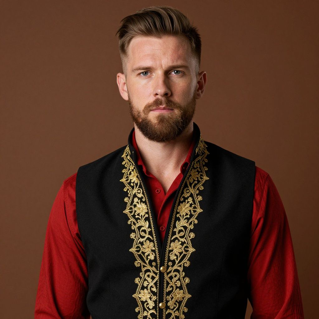Bearded Man Wearing Embroidered Black Vest Over Red Shirt Portrait