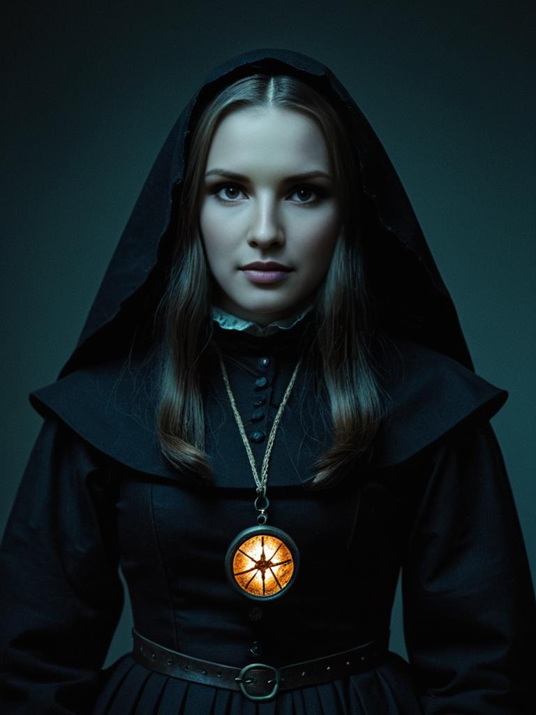 Woman in Traditional Nun-Style Hooded Outfit with Glowing Star Pendant