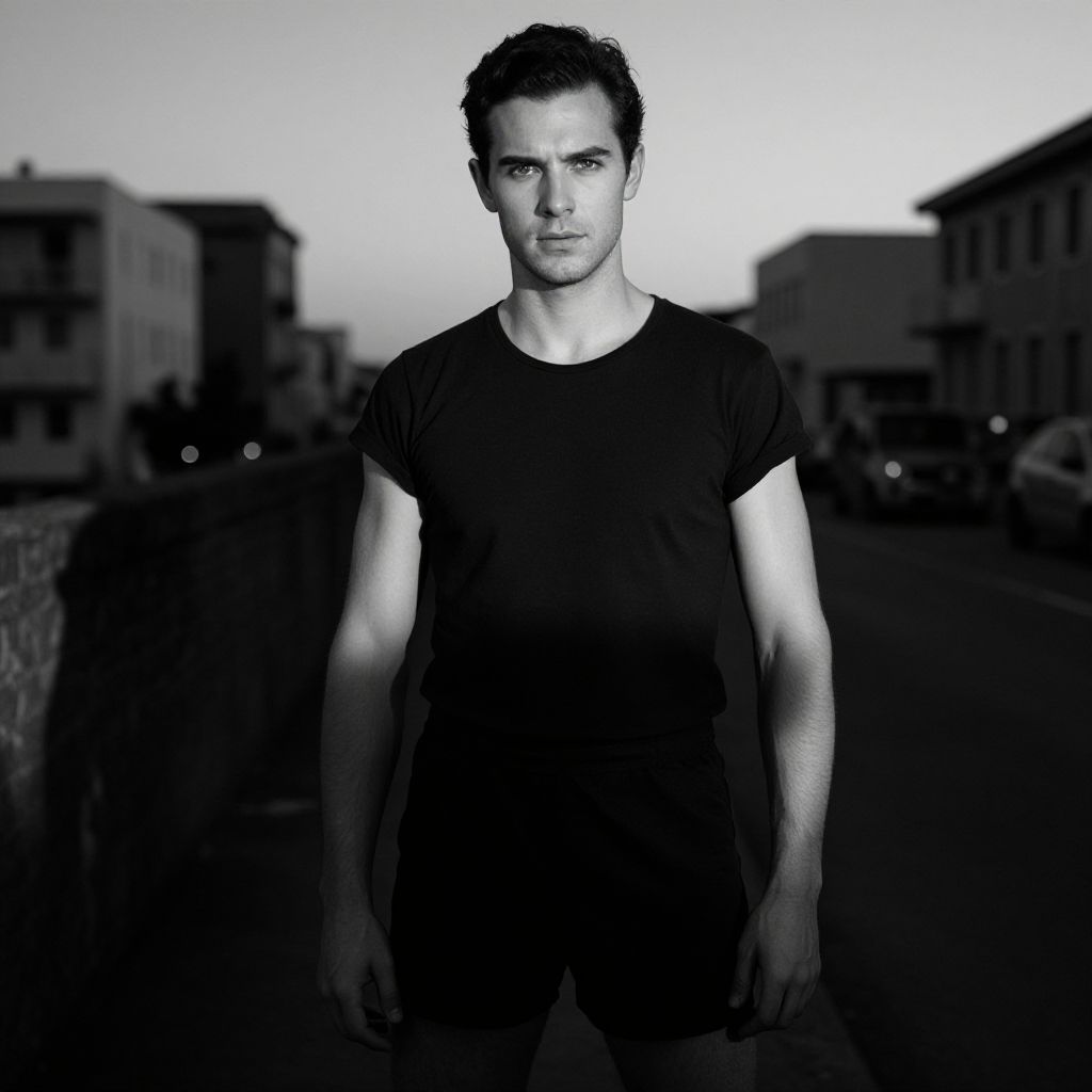 Black and White Portrait of Young Man in Urban Evening Setting