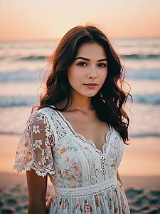 Young Woman in White Floral Lace Dress on Beach at Sunset