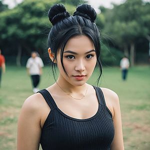 Confident Young Woman in Park with Double Buns