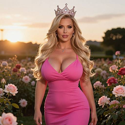 Glamorous Blonde Woman in Pink Dress with Crown in Rose Garden at Sunset