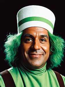 Man in Oompa Loompa Costume with Green Hair and Hat Close-Up