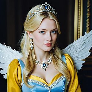 Blonde Woman in Angel Costume and Cinderella-Style Dress with Jewelry