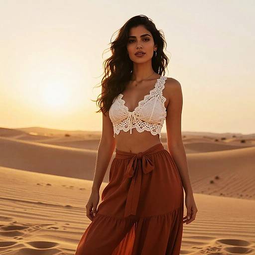 Fashionable Woman in White Lace Crop Top and Rust Pants in Desert Sunset
