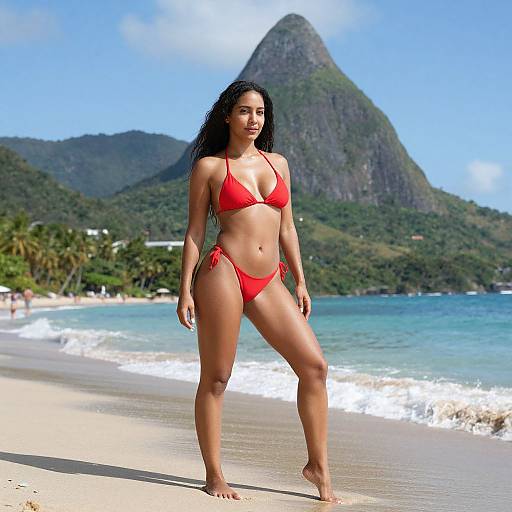 Woman in Red Bikini on Tropical Beach with Scenic Hill Background